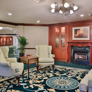 A cozy living room with elegant armchairs, a decorative rug, and a warm fireplace.
