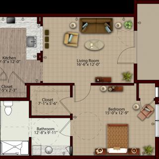 A detailed floor plan of a one-bedroom apartment featuring a living room, kitchen, dining area, and bathroom.