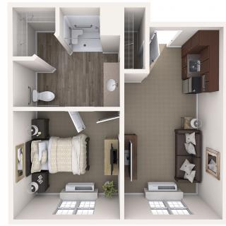 One-bedroom apartment floor plan with living room, kitchen, bathroom, and bedroom.
