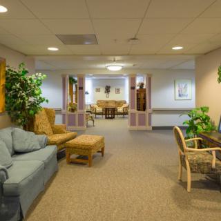 A spacious waiting area with comfortable seating and decorative plants.