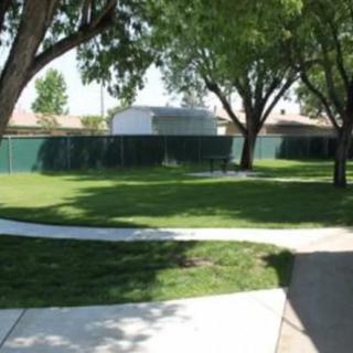 A peaceful park setting with trees, grassy areas, and a winding sidewalk.