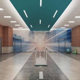 A modern hallway with sleek lighting and a decorative wall mural.