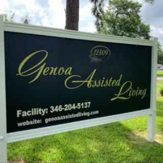 Sign for Genoa Assisted Living facility, providing information and contact details.