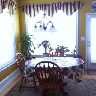 A cozy dining room with a table and chairs, adorned with plants and abundant natural light.