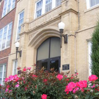 A building entrance surrounded by blooming pink roses.