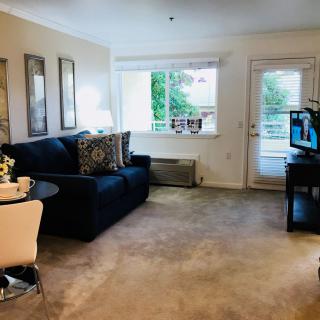 A cozy living room with a sofa, table, and TV, featuring a large window bringing in natural light.