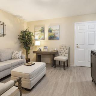 A cozy and elegantly designed living room featuring a sofa, ottoman, desk, and decorative elements.