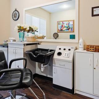 A cozy salon interior featuring a styling chair, mirror, and sink with decorative touches.
