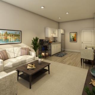 A modern open-plan living room and kitchen with cozy furniture and tasteful decor.