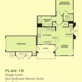 Floor plan of a single-level home with one bedroom and a master suite.