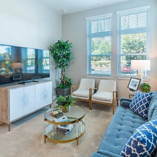 A modern living room with a comfortable sofa, flat-screen TV, and stylish decor.
