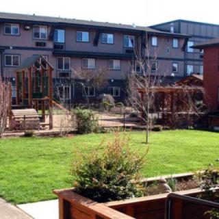 A residential courtyard with a playground and well-kept green spaces.