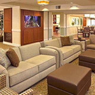 A cozy living room with comfortable sofas, a fish tank, and stylish decor.