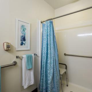 An accessible bathroom with a blue shower curtain and grab bars for safety.