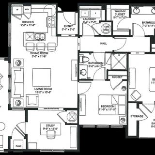 A detailed floor plan showcasing an apartment layout with multiple rooms and facilities.