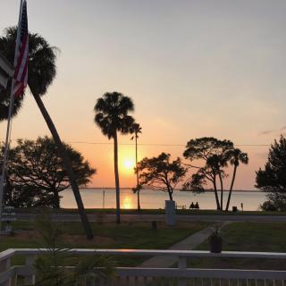 A serene sunset over the ocean with palm trees silhouetted against the colorful sky.