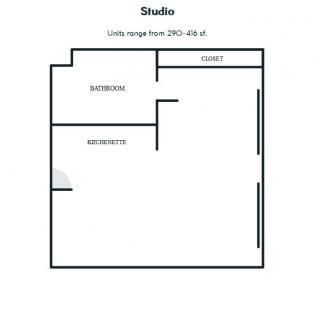 A floor plan of a studio apartment with designated kitchen and closet areas.
