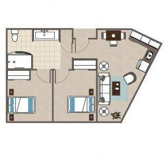 A floor plan of a two-bedroom apartment with a living room, kitchen, and bathroom.