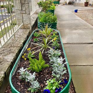 A row of green planters filled with various plants and flowers along a sidewalk.