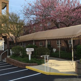 A building entrance with an awning, surrounded by blooming trees and a small parking area.