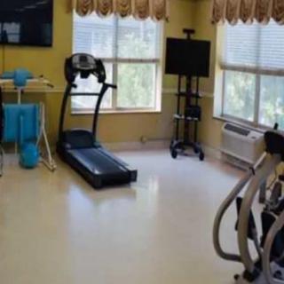 A well-lit gym with a treadmill and other workout equipment by the windows.