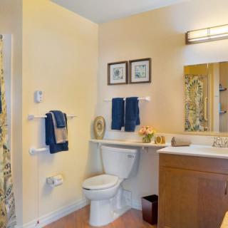 A modern bathroom with a toilet, sink, and decorative elements.