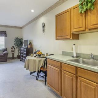 A cozy living space featuring a small kitchen area with wood cabinets and a sink, adjacent to a seating area with comfortable furniture.