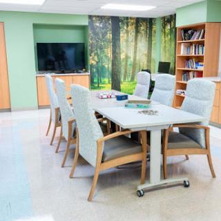 A modern conference room featuring a large table, comfortable chairs, and nature-themed decor.