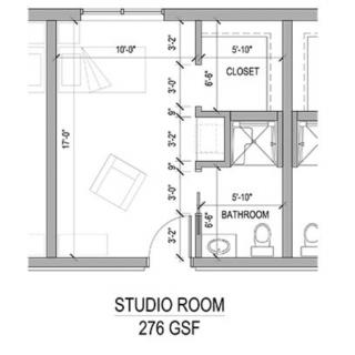 Studio room floor plan with a total area of 276 GSF, featuring closet and bathroom layout.