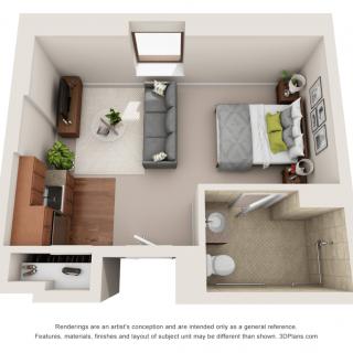 A 3D floor plan of a compact studio apartment featuring a bedroom, bathroom, and living area with minimalist furniture.