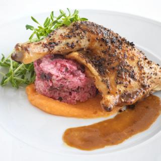 A beautifully plated gourmet dish featuring seasoned chicken, beet salad, and a rich sauce.