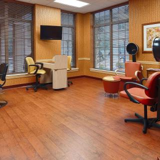 A spacious salon interior with modern furniture and large windows.
