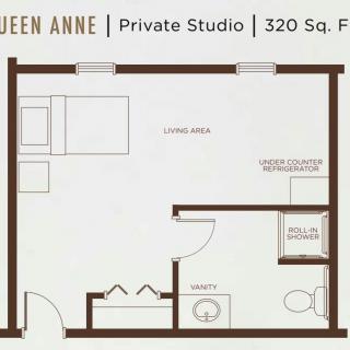 Floor plan of a 320 square foot private studio apartment.