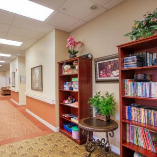 A library hallway with bookshelves and decorative plants.