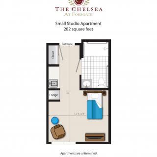 Floor plan of a small studio apartment measuring 300 square feet at The Chelsea.