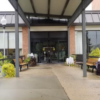 The entrance of a modern building featuring glass doors and landscaped surroundings.