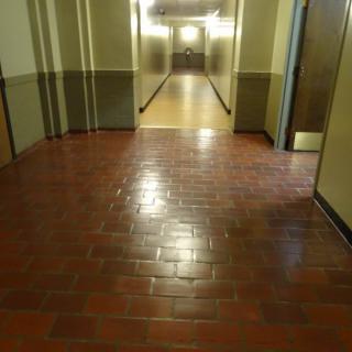 A long, dimly lit hallway with a brick floor and doors on the side.