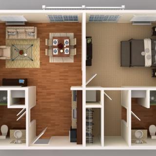 A 2D floor plan of an apartment featuring a living room, dining area, bedroom, and bathroom.