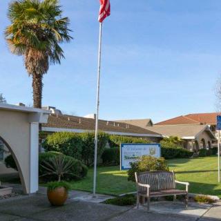 A building with a flagpole and garden, featuring a bench and palm tree under a clear blue sky.
