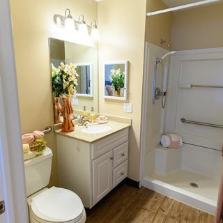 A well-lit bathroom featuring a sink, mirror, shower, and decorative flowers.