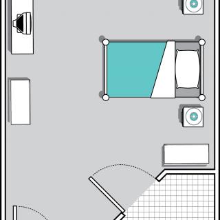 A floor plan of a bedroom featuring a bed, nightstands, desk, and wardrobe.