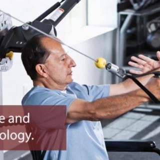 An elderly person engaging in exercise with gym equipment for rehabilitation.