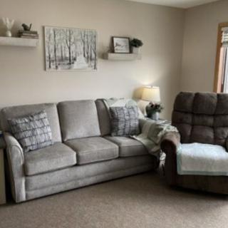 A cozy living room with a gray sofa, an armchair, decorative cushions, and wall art.