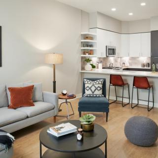 A modern open-concept living room and kitchen with stylish furniture and decor.