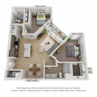 3D rendered floor plan of a modern apartment showcasing interior layout and design.