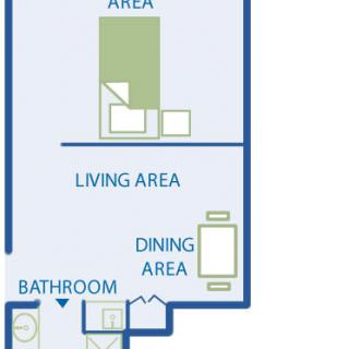 A floor plan of a studio apartment featuring a living area, dining area, and bathroom.