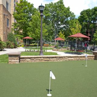 An outdoor putting green with trees and umbrellas in the background.