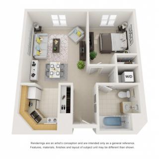 A 3D layout of a one-bedroom apartment featuring a living area, kitchen, bathroom, and bedroom.