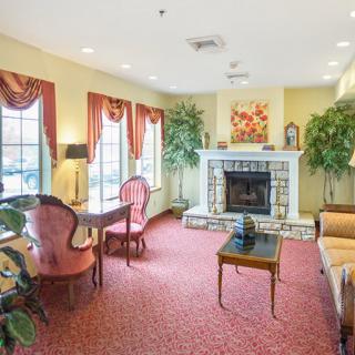 A cozy living room with a fireplace and elegant furnishings.