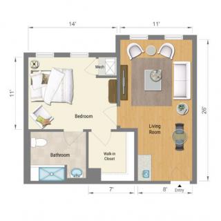 A floor plan of a small apartment featuring one bedroom, a living room, kitchen, and bathroom.